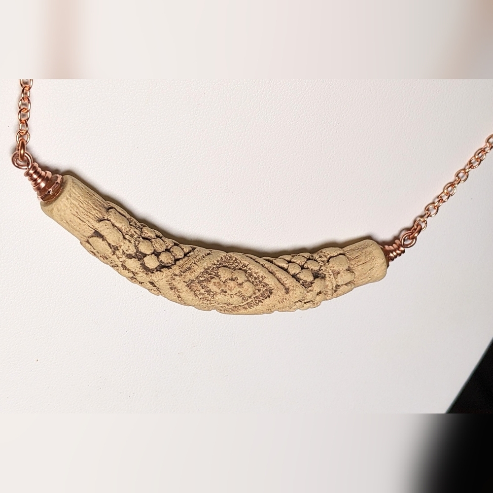 Vintage Embossed Ceramic Bar Necklace Artisan Crafted Jewelry Pure Copper Chain - Picture 14 of 16